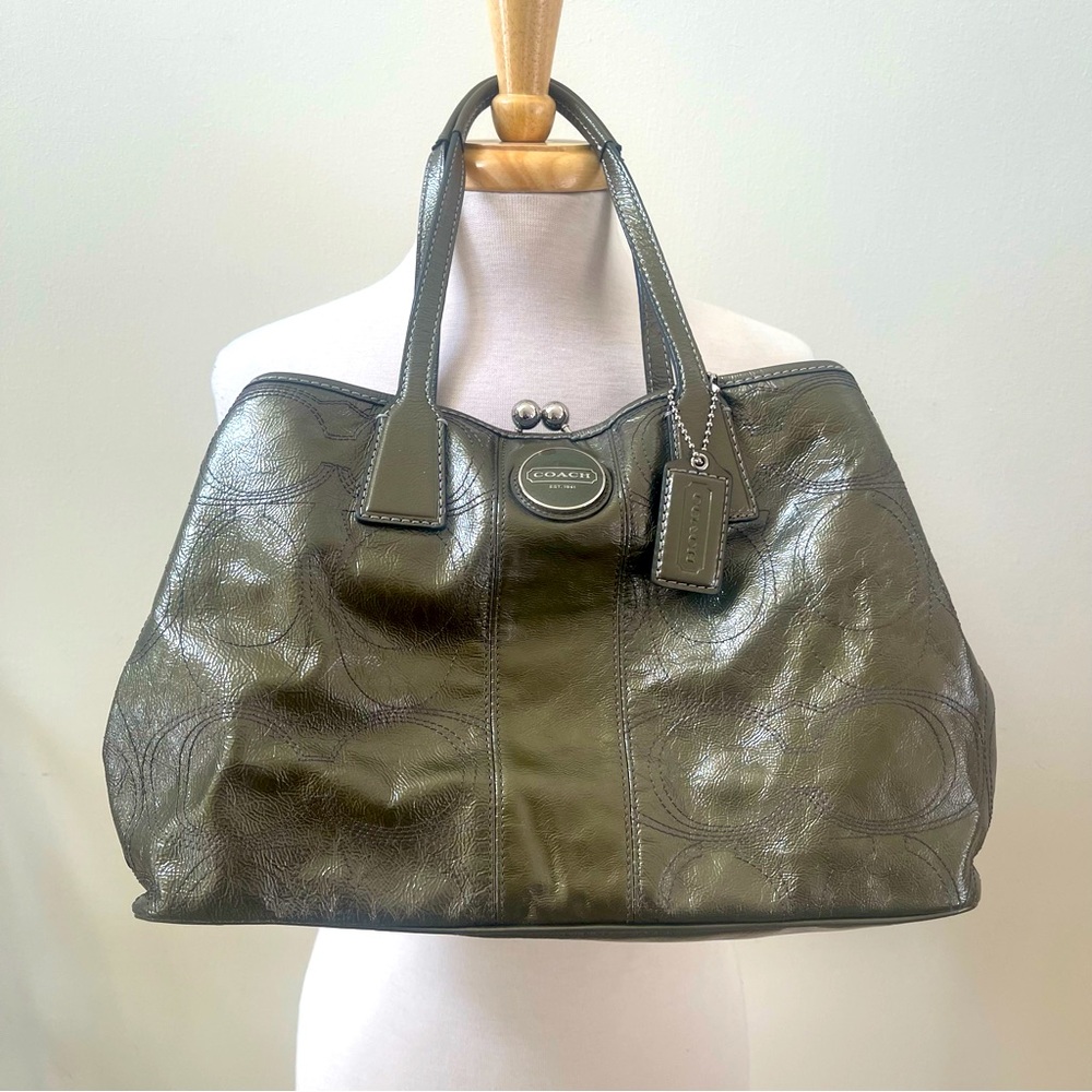 Metallic Olive Green Coach Shopper Bag Purse Unique Design Beautiful Detailing